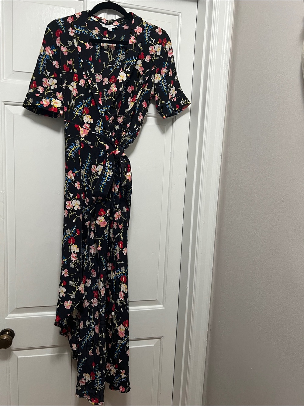Equipment Floral Wrap Maxi Dress - Black with Pink & Blue Floral